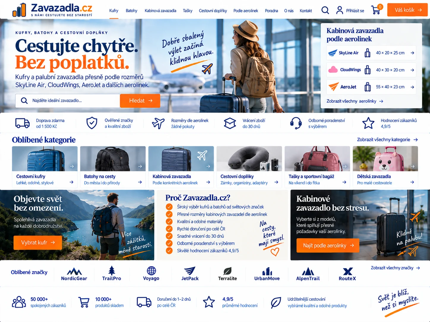 Ilustrační návrh cestovatelského webu Zavazadla.cz v modré, oranžové a bílé s kufry, batohem a letištním prostředím